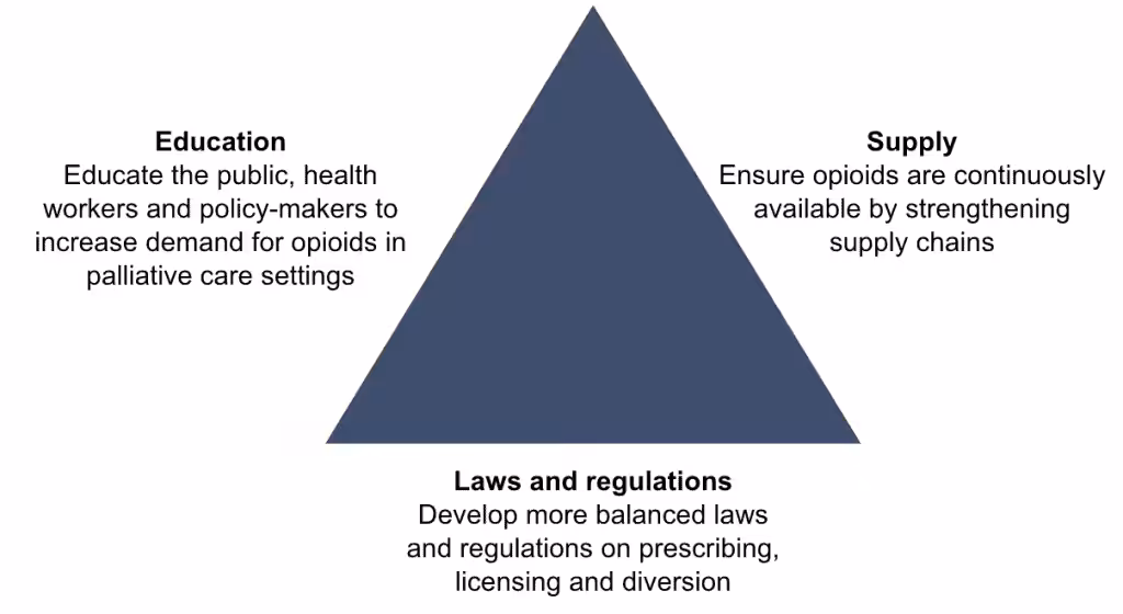 Triangle diagram illustrating education, supply, and laws/regulations to address pain.