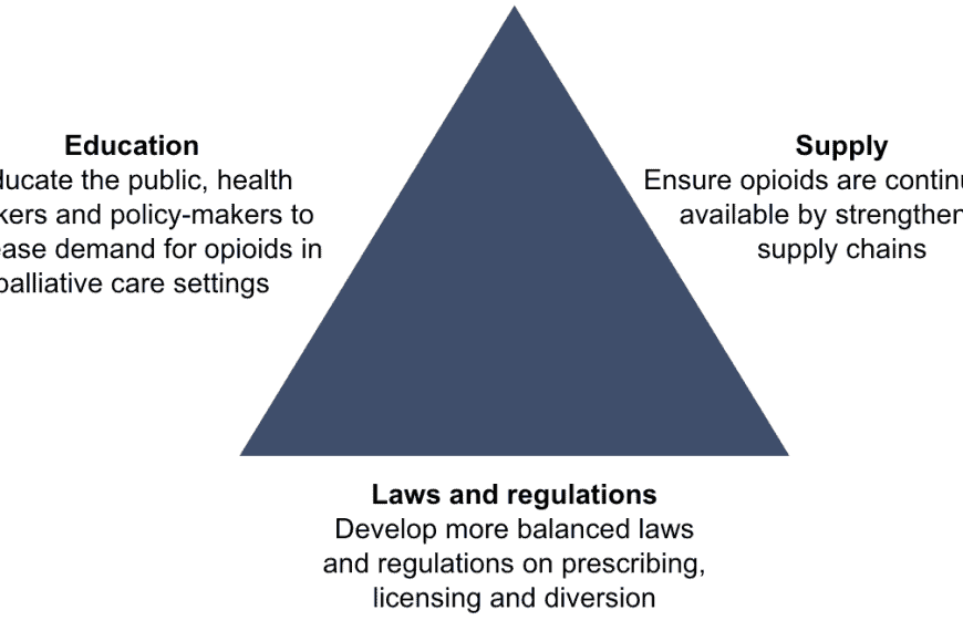 Triangle diagram illustrating education, supply, and laws/regulations to address pain.