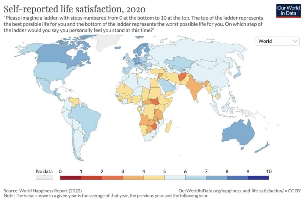 World happiness and wellbeing data visualized by country.