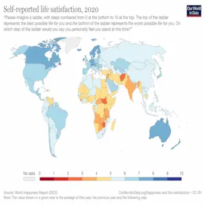 Color-coded map showing life satisfaction levels of refugees globally.