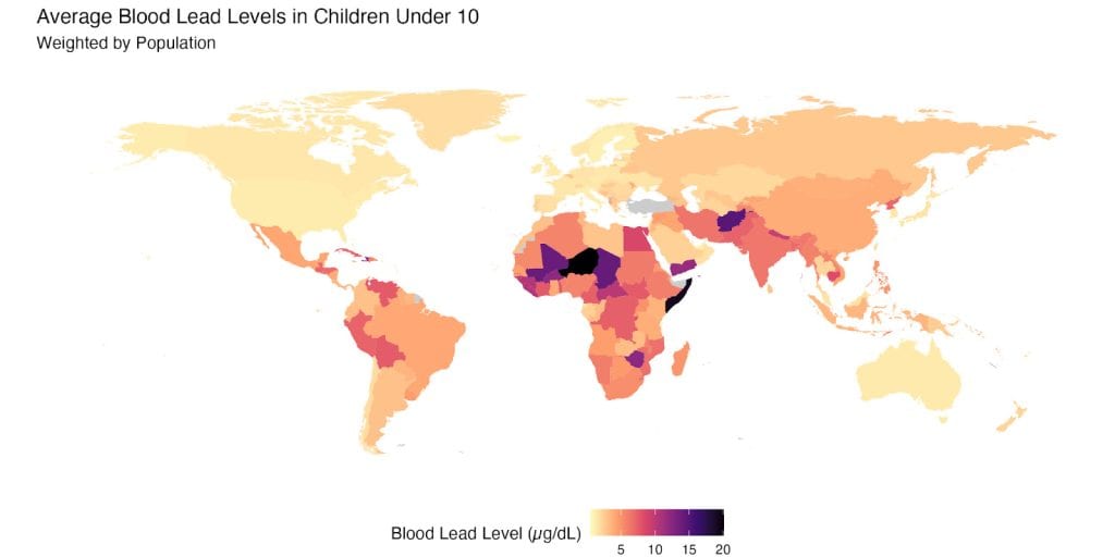 Map showing blood lead levels in children under 10 worldwide.