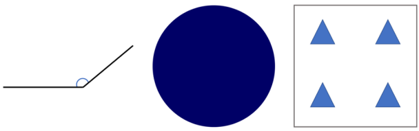 The three calibration stimuli: an obtuse angle, a dark navy circle, and a square containing four blue triangles.