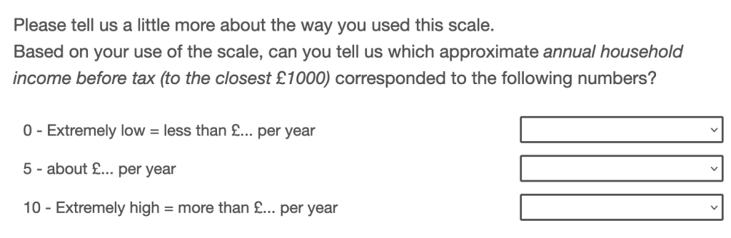 Survey question asking respondents which annual household income before tax corresponded to 0, 5 and 10 on the scale they had just used, with a dropdown beside each.