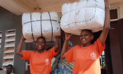 Two smiling girls in orange shirts carrying large packages.