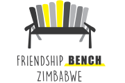 A stylized illustration of a friendship bench with yellow, gray, and black colors, representing comm.
